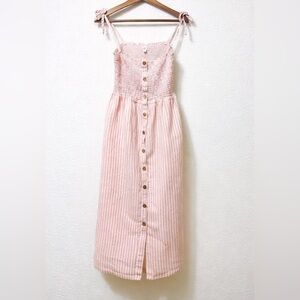 GAP 100% Linen Pink Striped Smocked Midi Dress Tie Strap Cottagecore Summer
